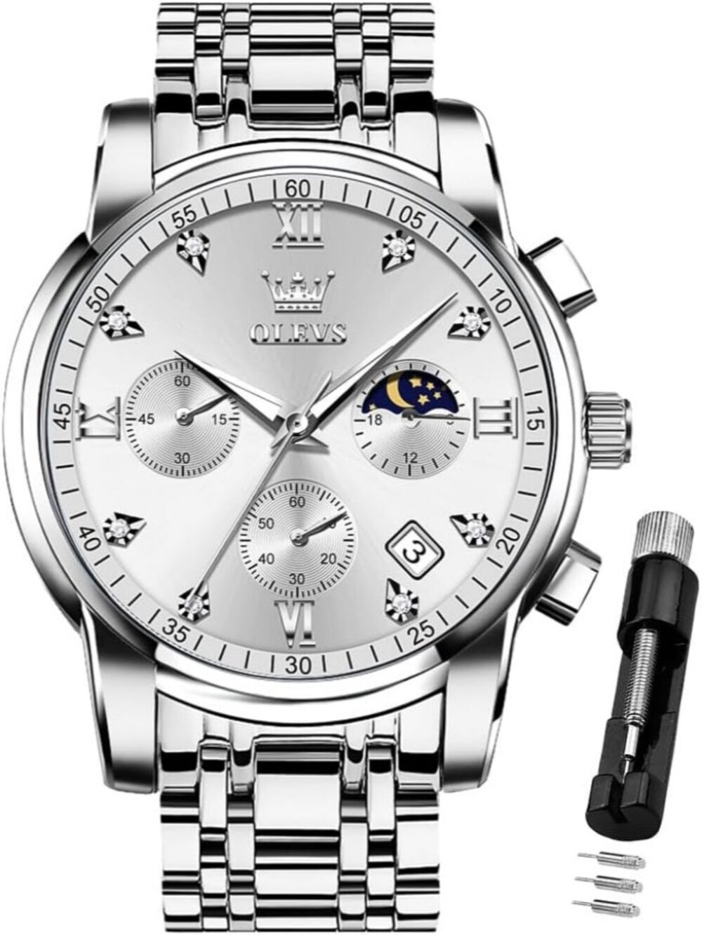 Mens Silver Diamond Classic Analog Quartz Stainless Luminous Round Classic Watch